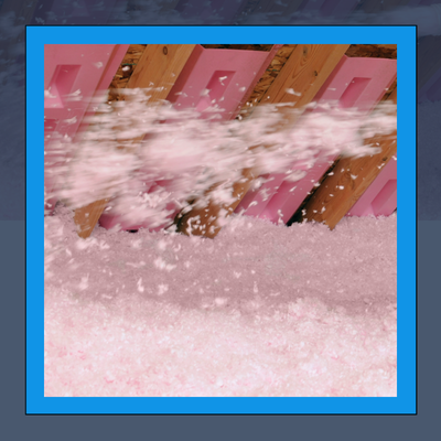 A blue frame with a picture of pink insulation in an attic