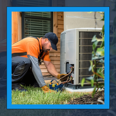 A man is working on an air conditioner outside of a house.