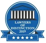 A blue badge that says `` lawyers of distinction 2019 ''