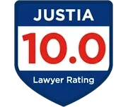 A blue shield with the words `` justia 10.0 lawyer rating '' on it.