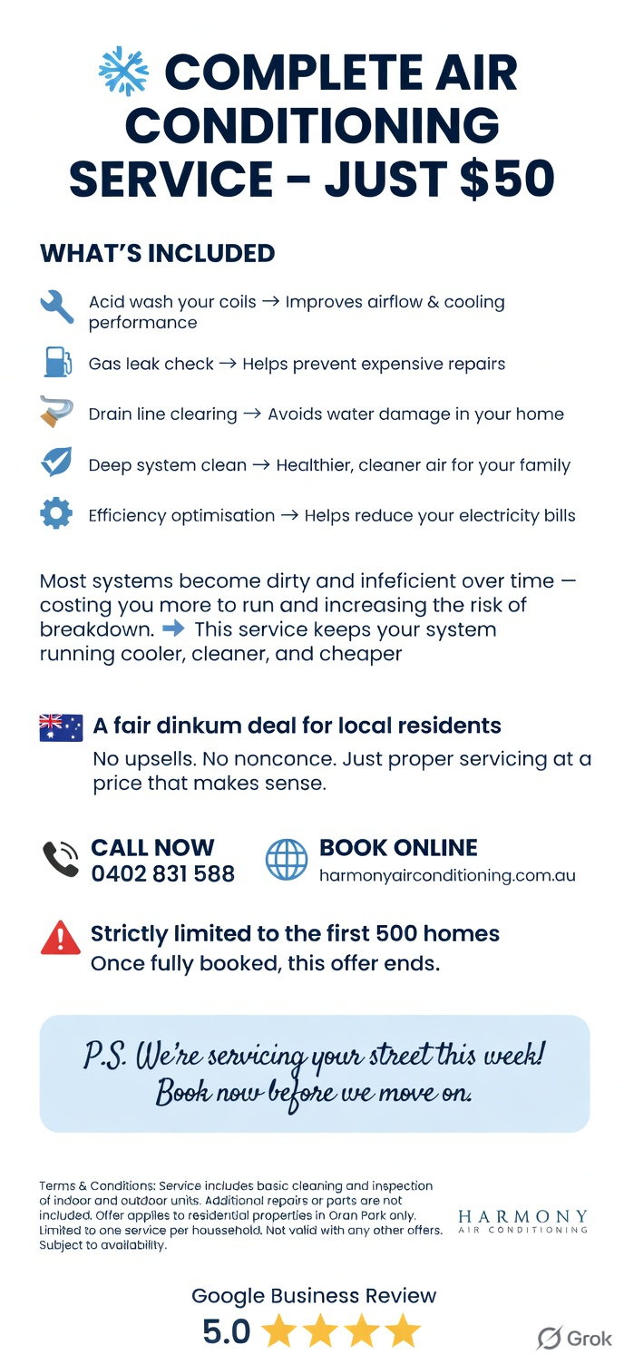 Blue-and-white HVAC service ad offering complete air conditioning service for $50, with contact info and reviews.