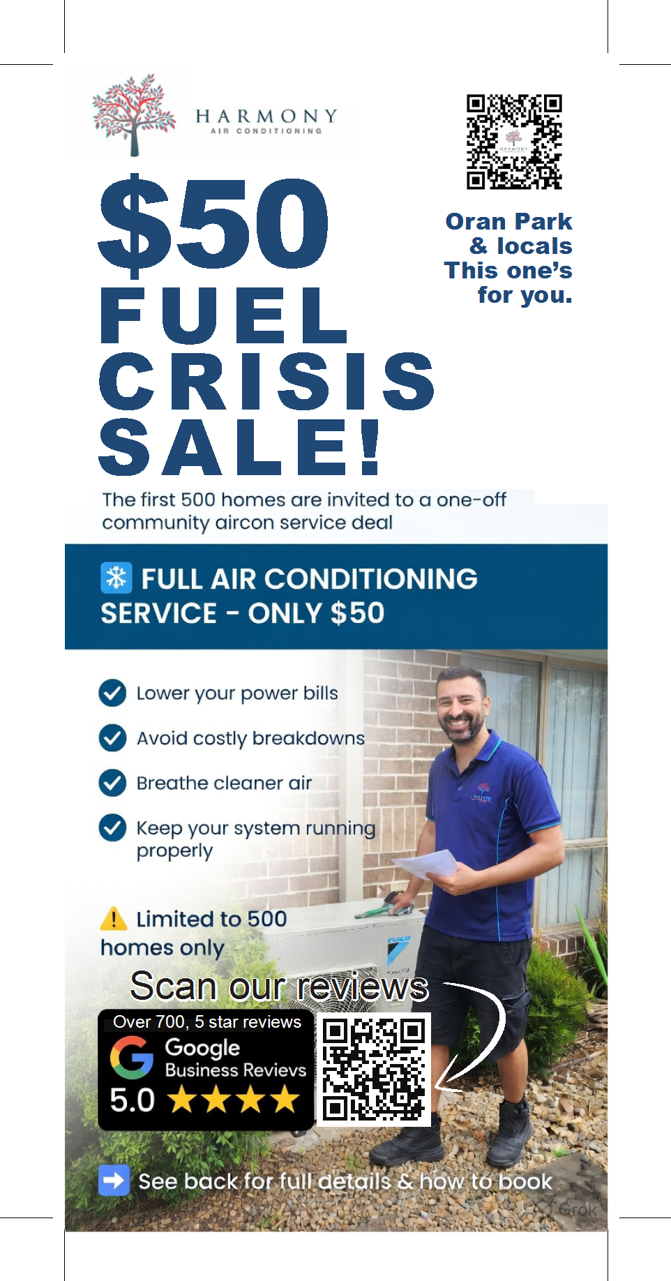 $50 fuel crisis sale flyer with service coupon, smiling man holding fuel nozzle at gas station.