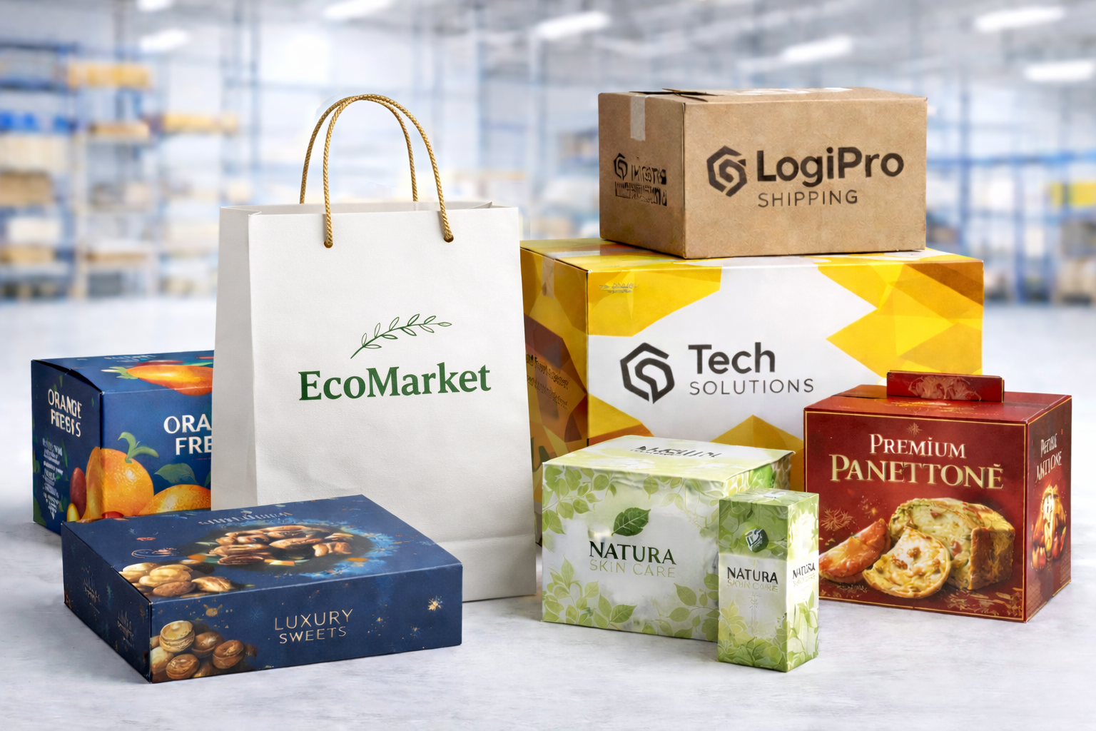 Assortimento di imballaggi di marca: sacchetti di carta, scatole e un ambiente di vendita al dettaglio.