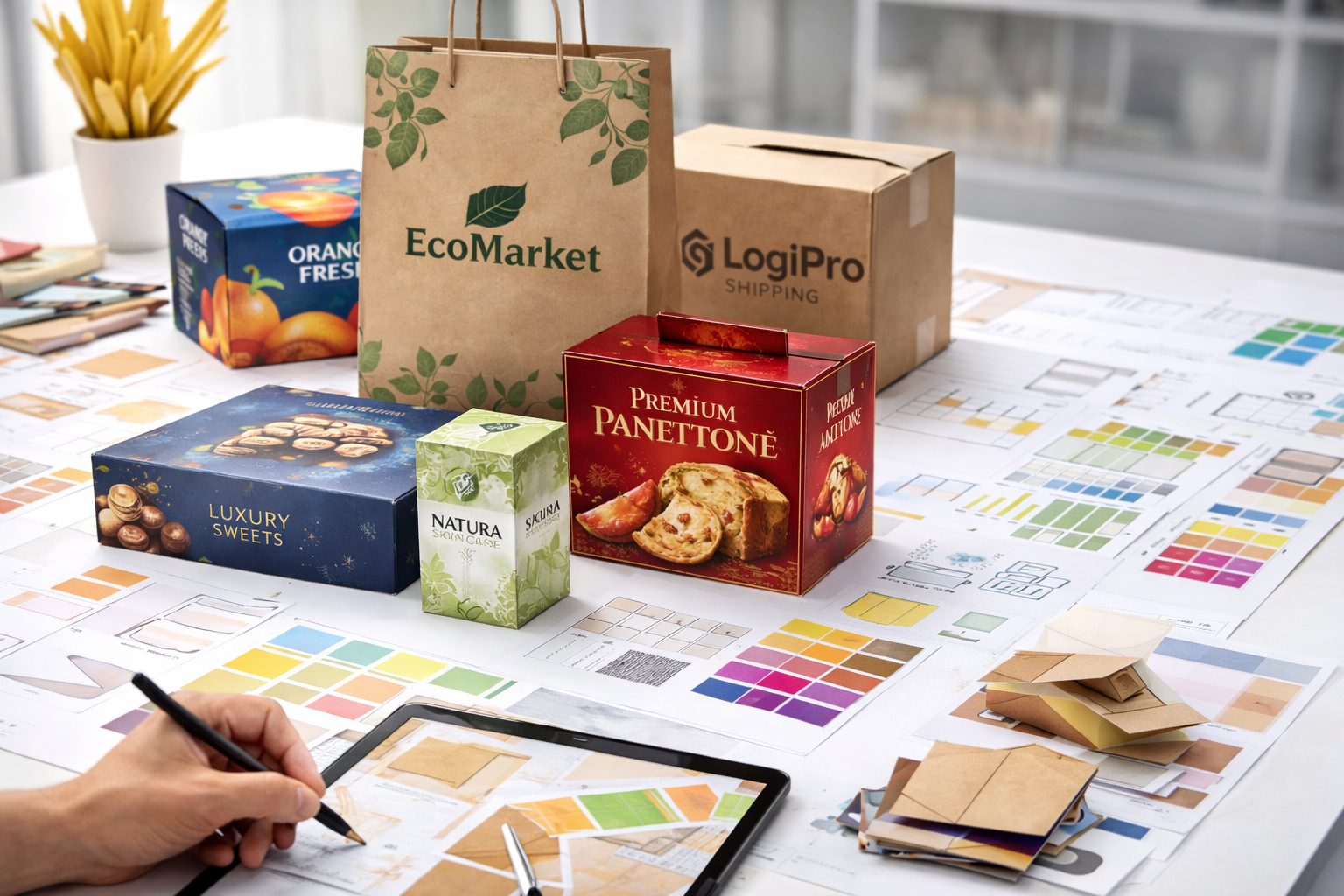 Concetto di design del packaging con scatole, sacchetti, campioni di colore e una mano che disegna su un tablet.