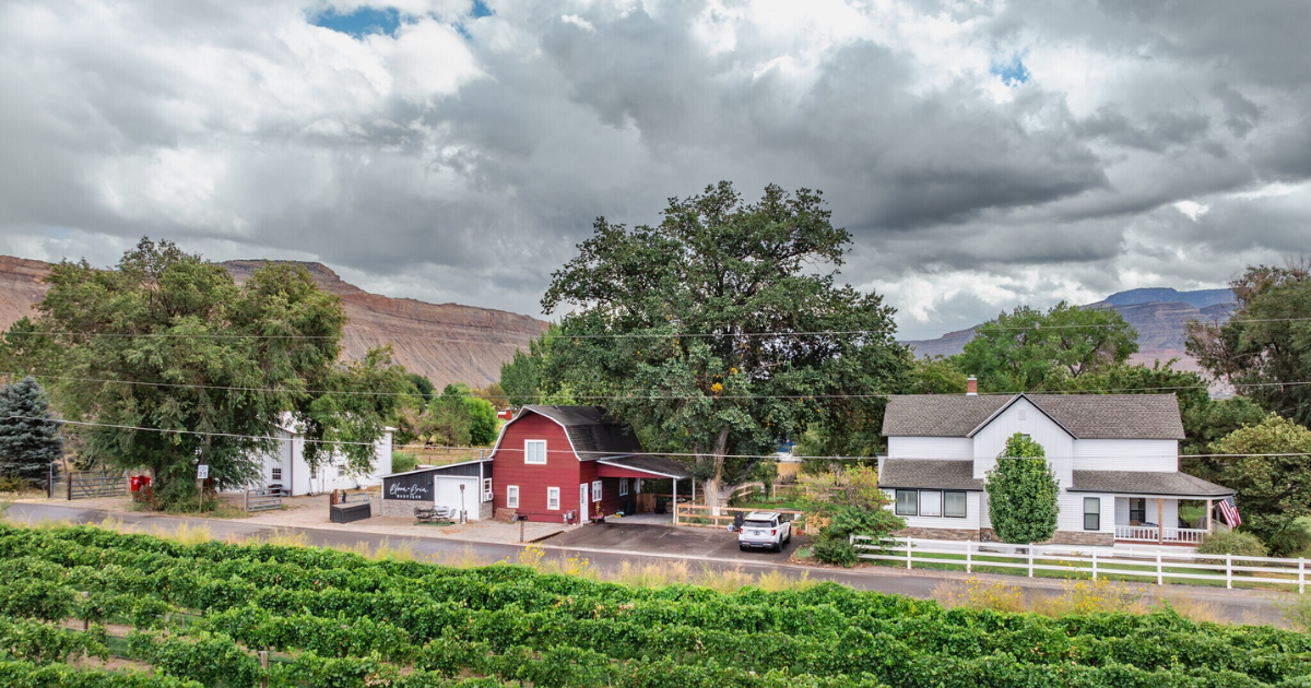 Farm buildings with a red barn, white house, and green trees under a cloudy sky.