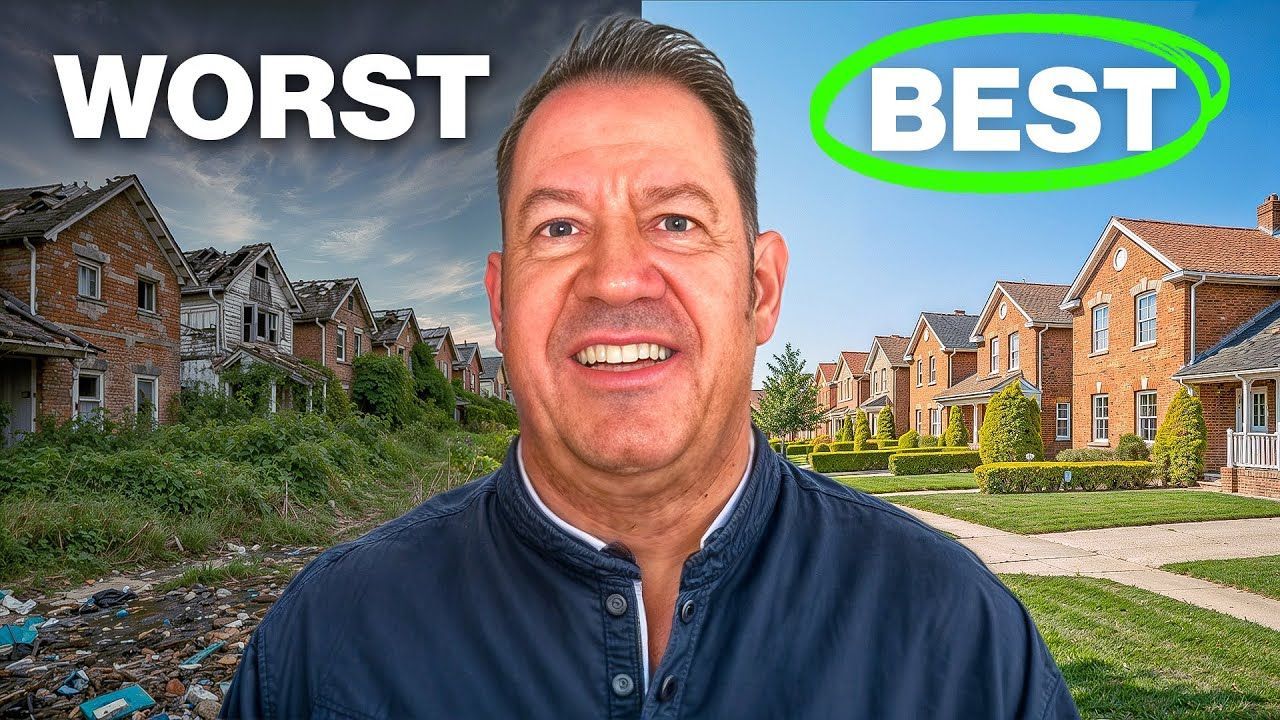Man with a split-screen background: dilapidated houses (worst) on the left, new houses (best) on the right.