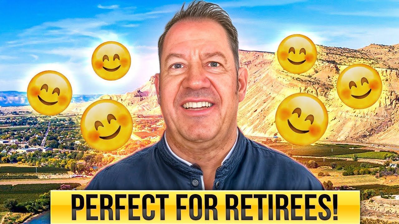 Man in front of a landscape with mountains, smiling faces, and the text