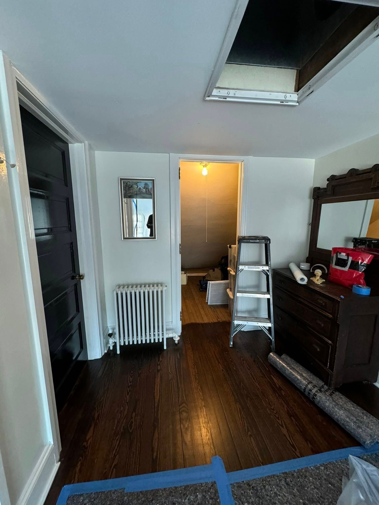 Room with dark wood floor, white walls, black door, and a ladder.