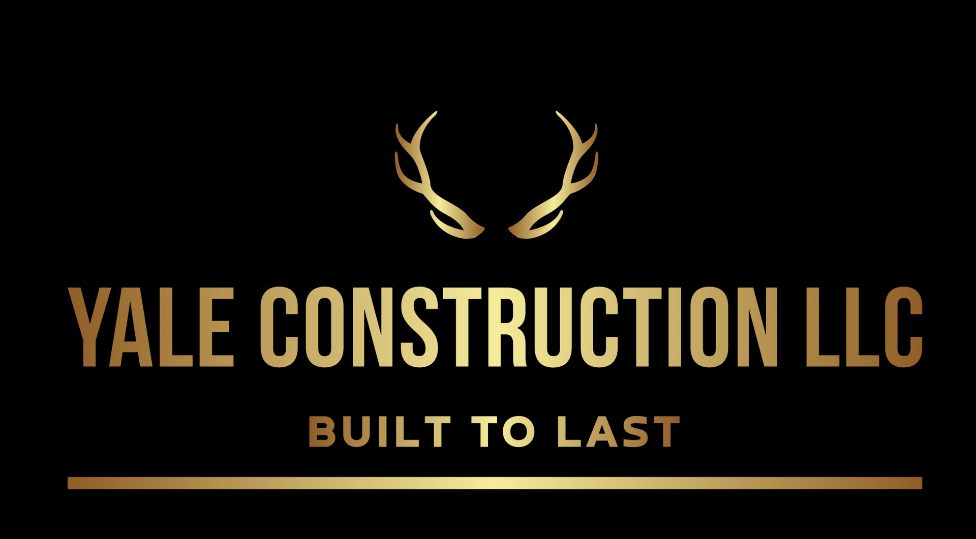 Yale Construction LLC logo, gold text and antlers on black background, tagline