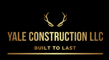 Yale Construction LLC logo, gold text and antlers on black background, tagline