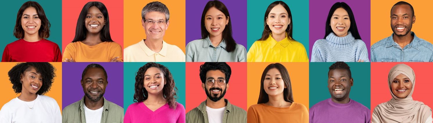 A collage of portraits of a group of people standing next to each other on a colorful background.