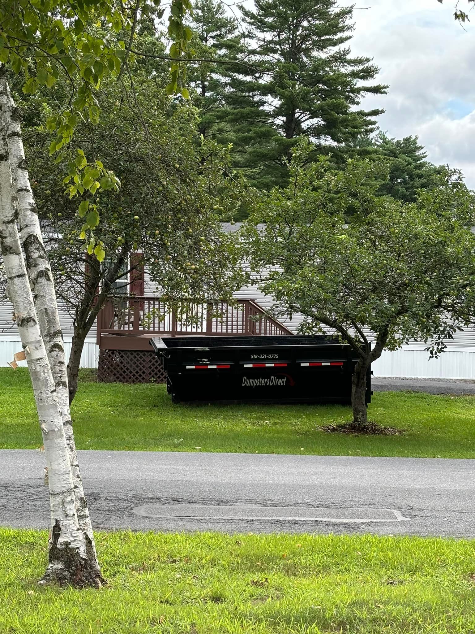 A dumpster is parked in the grass next to a tree.