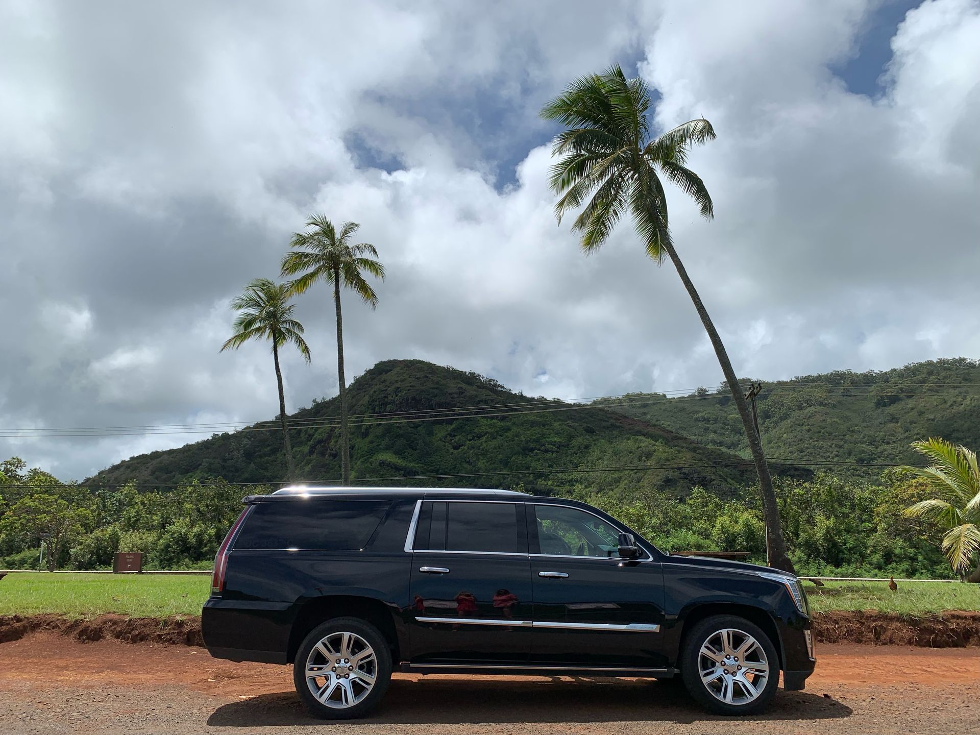 Black SUV parked on dirt road, palm trees and mountain in background.