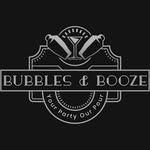Logo for "Bubbles & Booze": Gray design on black background, text, drinks, "Your Party, Our Pour."