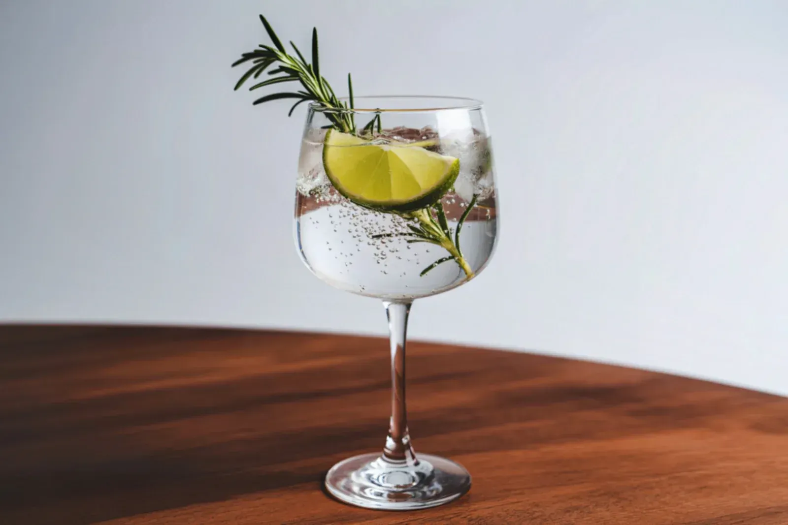 Cocktail in a stemmed glass with lime and rosemary garnish on a wood table, white background.