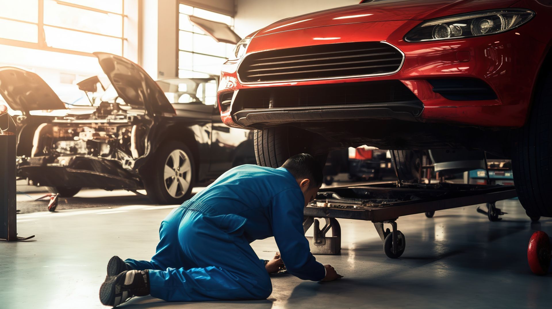 a mechanic is kneeling down in front of a red car in a garage .