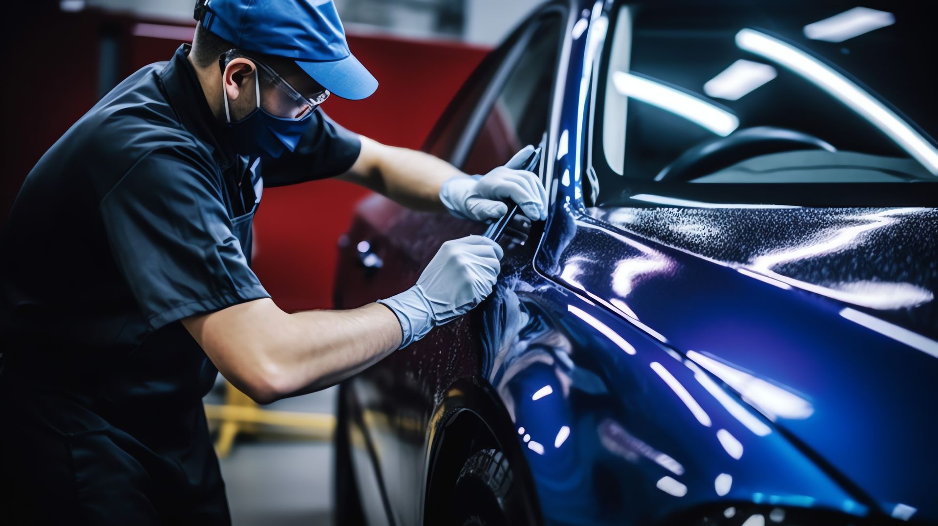 a man wearing a mask and gloves is working on a blue car .