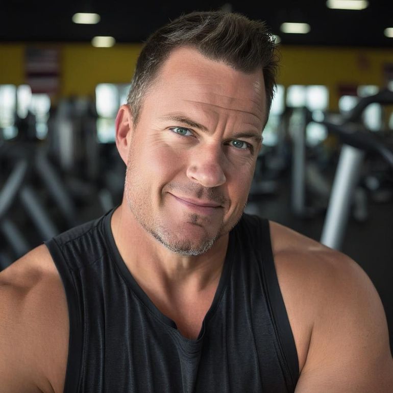 A man in a black tank top is smiling in a gym.