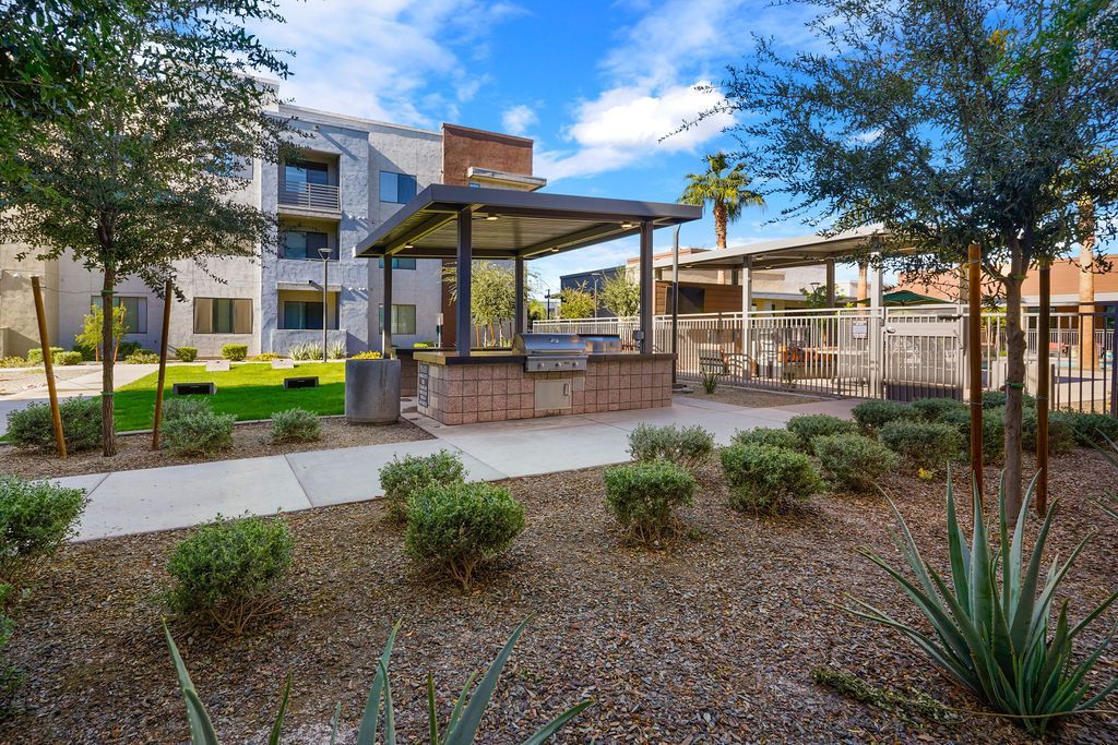 Outdoor communal grilling area with a shaded pavilion and desert landscaping.