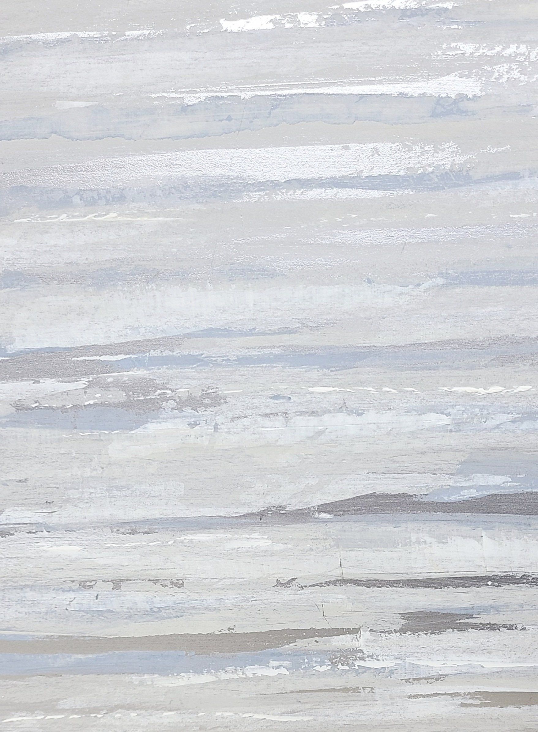 Abstract painting with horizontal strokes of gray, white, and light blue.