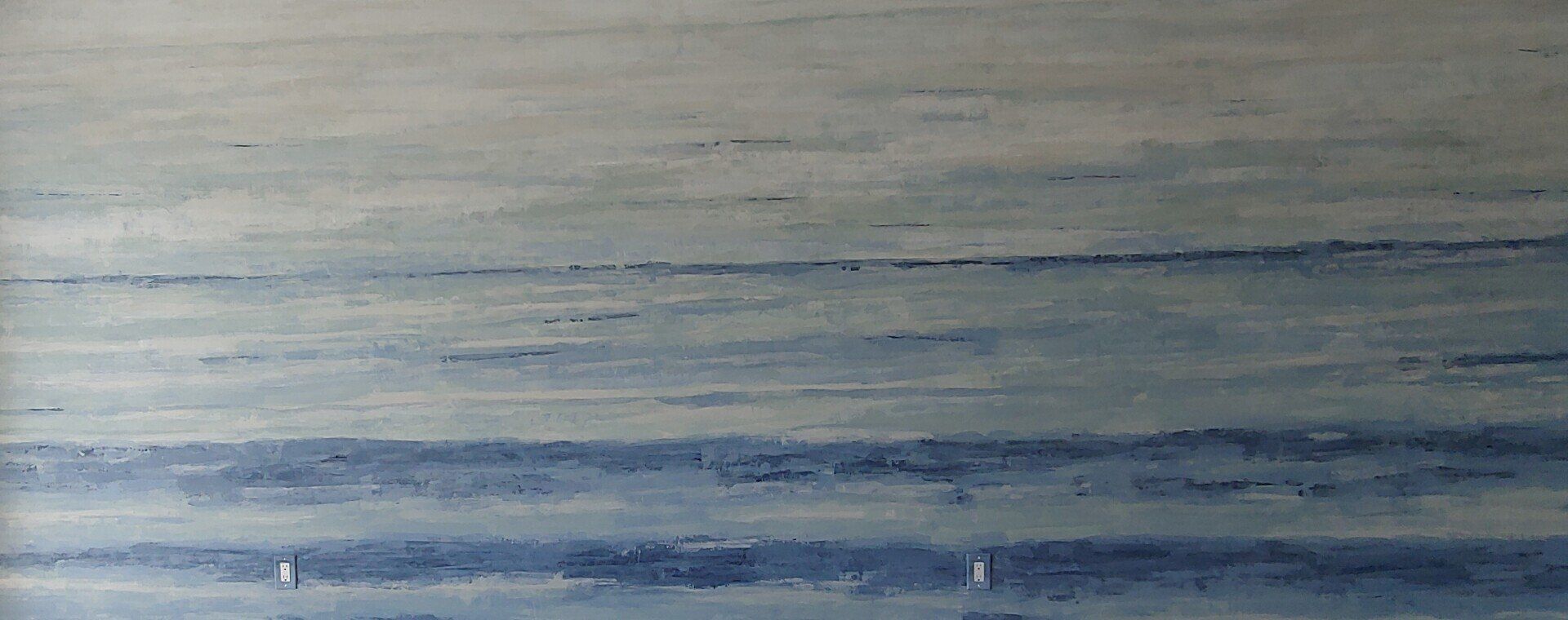 Abstract seascape in blue and white, with horizontal brushstrokes suggesting waves.