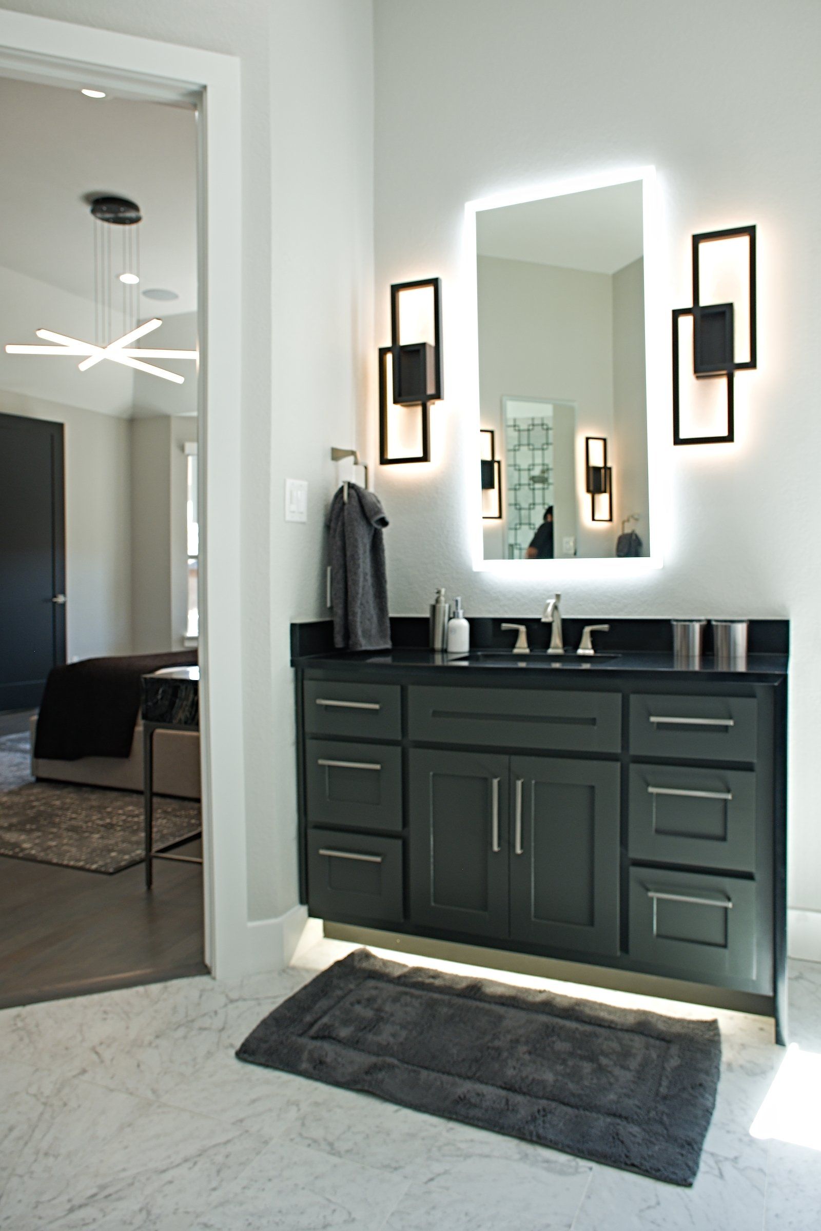 Contemporary, Modern Black and Grey Bathroom with multi-dimensional lighting
