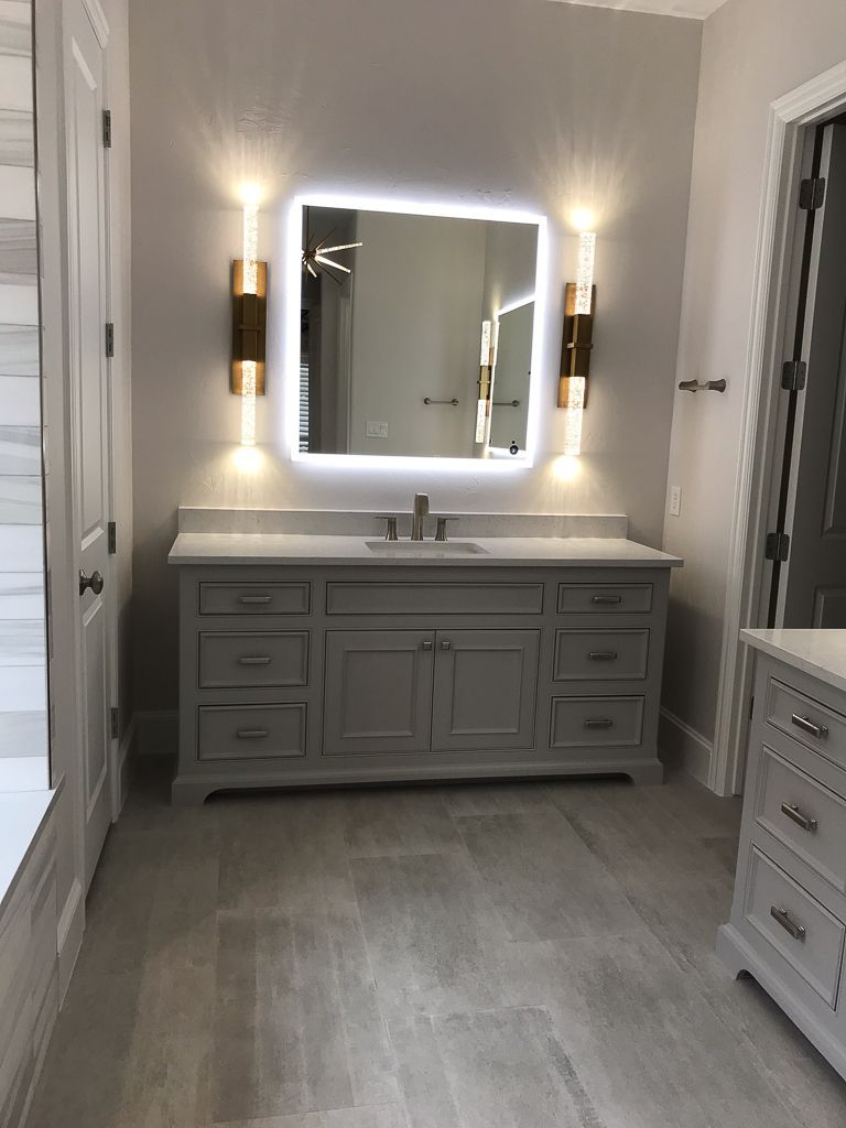 Modern, Grey Vanity with Contemporary Wall Sconces