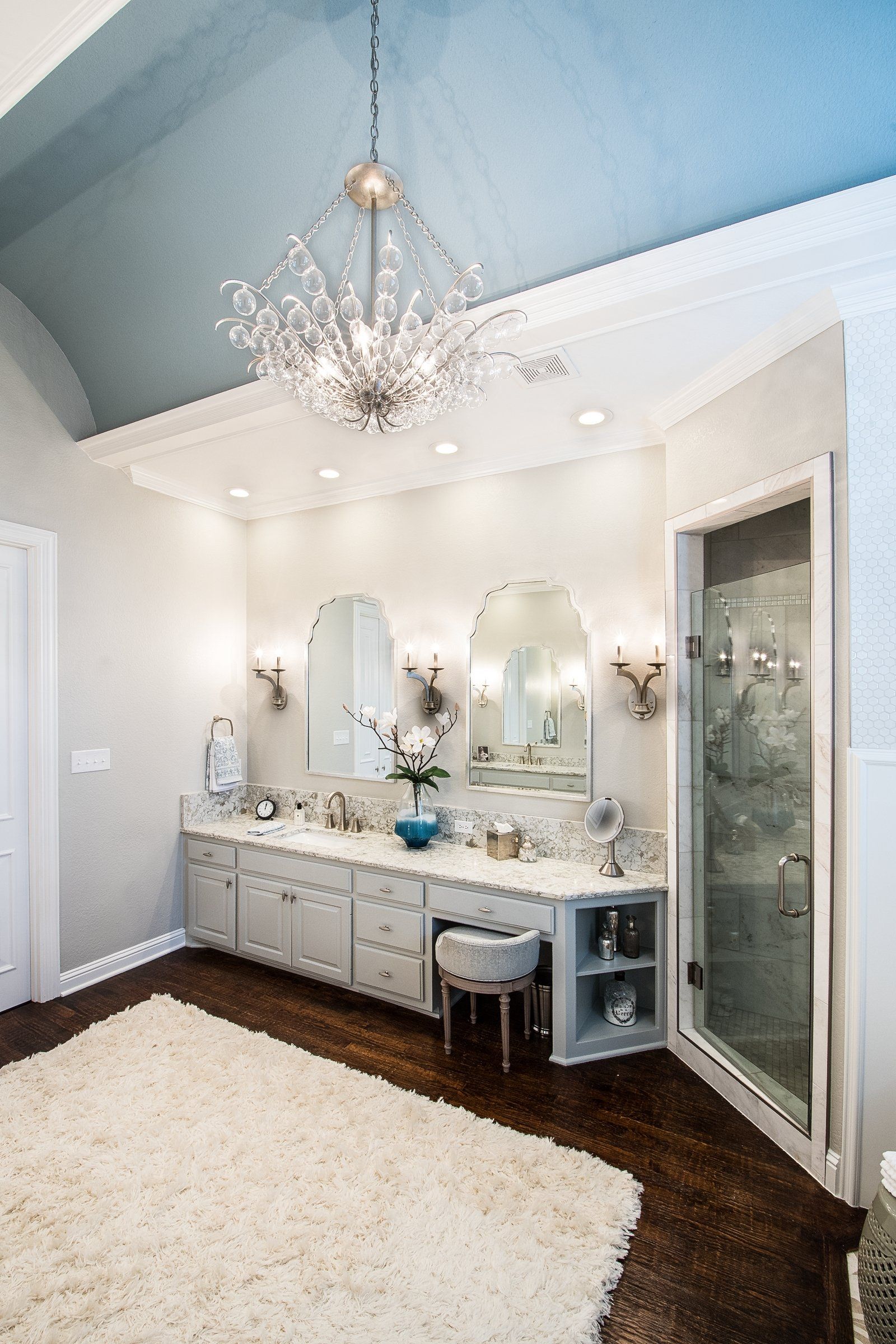 Beautiful, Traditional Bathroom Vanity with Glass Bubble Chandelier