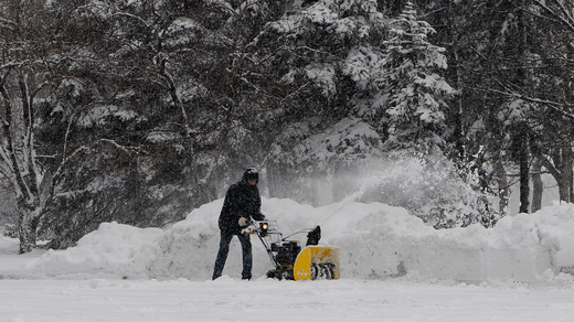 Person clears snow with a yellow snow blower in a snowy yard near trees.
