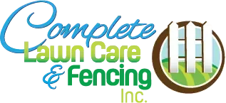 Complete Lawn Care & Fencing Inc. logo with blue, green, and brown text and a circular fence emblem