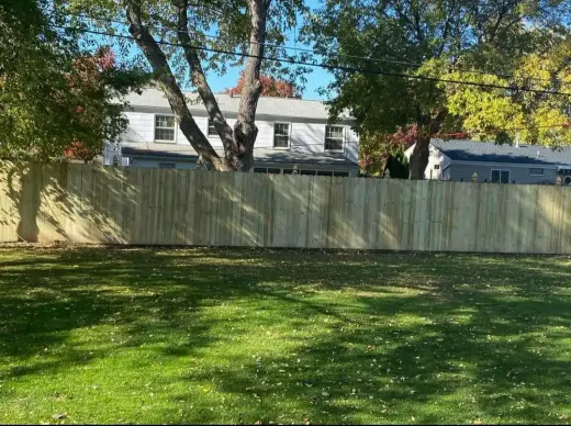 Grassy yard with a wooden fence, trees, and houses in the background on a sunny day