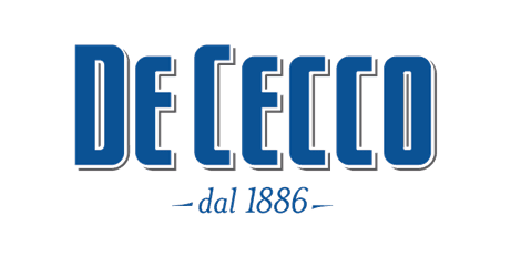 A blue and white logo for de cecco dal 1886