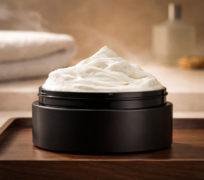 A black jar of thick, white cream sitting on a wooden tray, with a folded towel and bottle blurred in the background.
