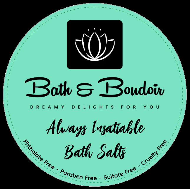 A circular, mint-green product label for Bath & Boudoir 