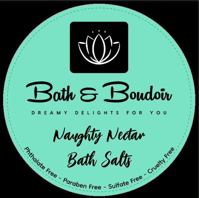 Mint green circular product label for Bath & Boudoir Naughty Nectar Bath Salts with a lotus icon and ingredient claims.