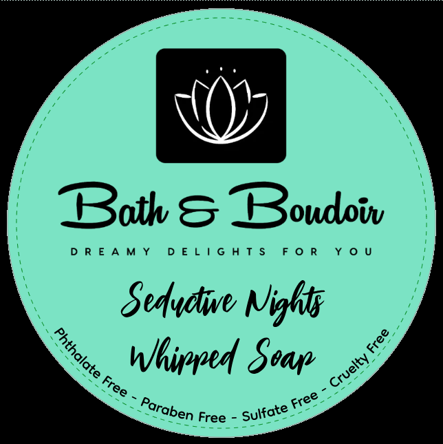 A circular mint green label for Bath & Boudoir Seductive Nights Whipped Soap, featuring a lotus logo and product claims.