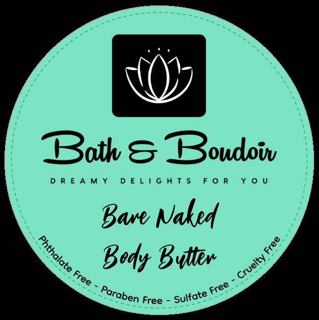 A circular product label for Bath & Boudoir Bare Naked Body Butter featuring a white lotus icon on a mint green background.