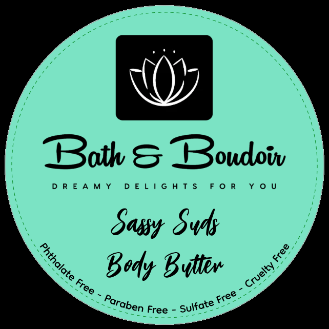 A circular, mint-green product label for Bath & Boudoir Body Butter with a lotus icon and a list of product-free claims.