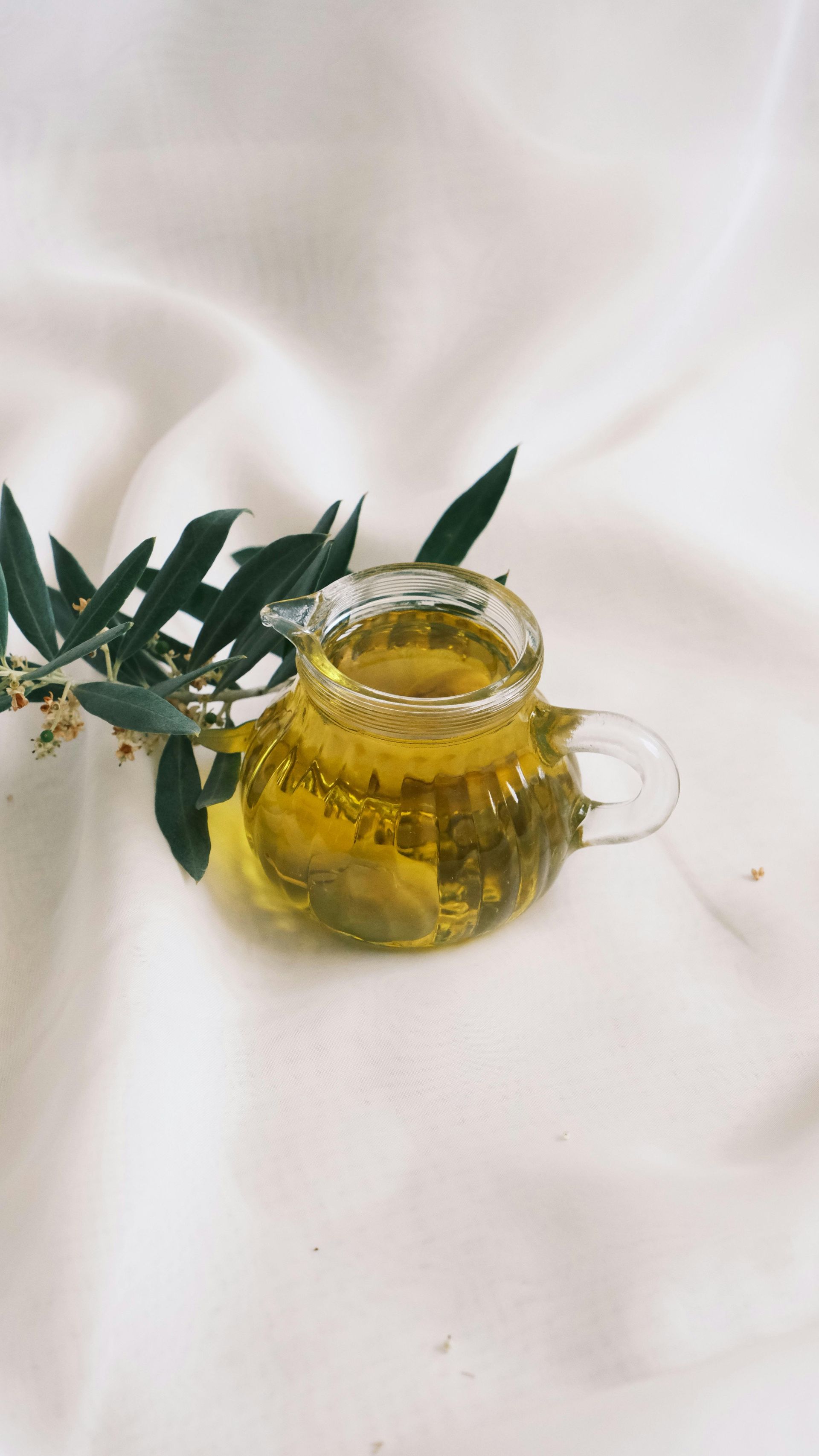 A small glass pitcher filled with golden olive oil, resting on a white fabric surface next to a sprig of green olive leaves.