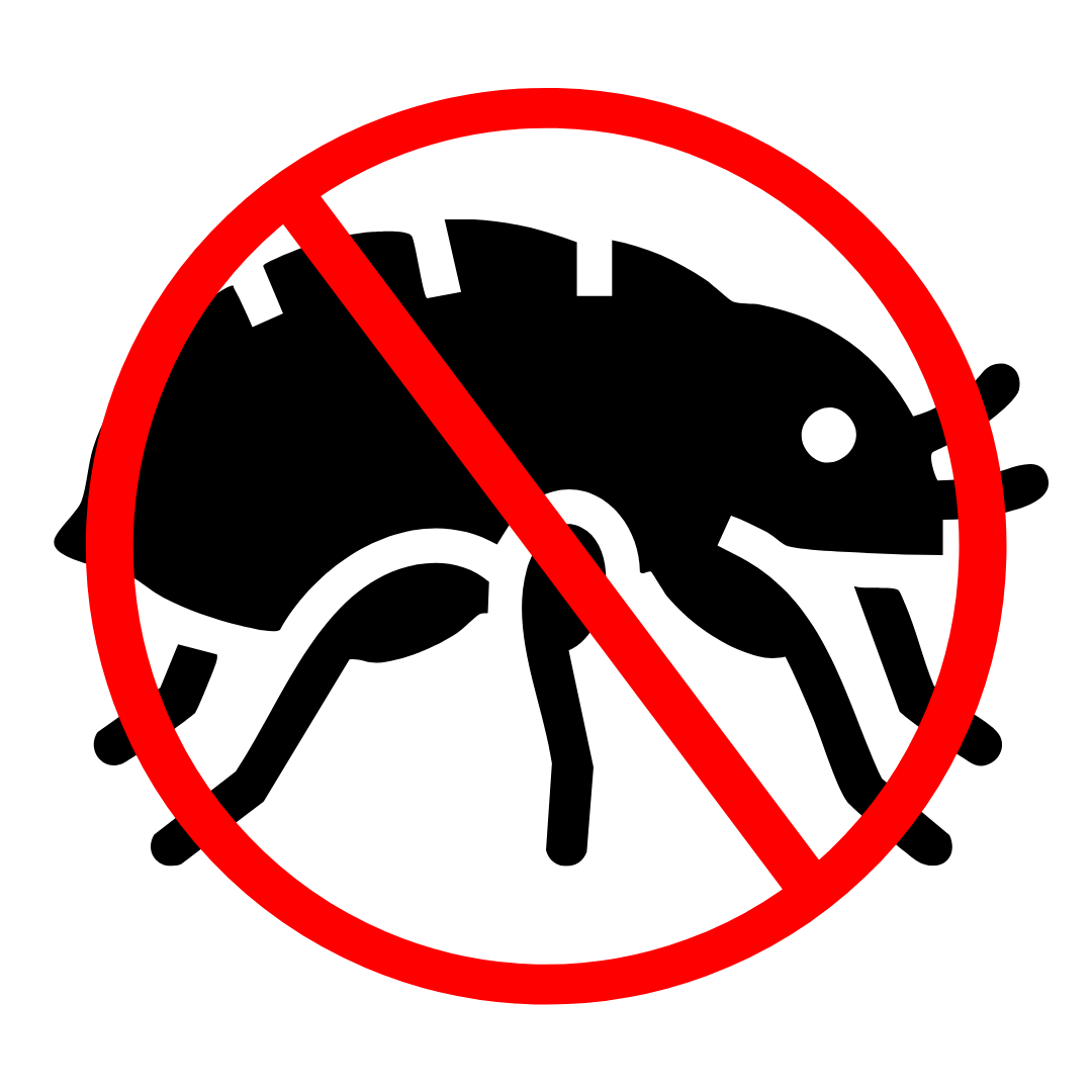 A black silhouette of an ant inside a red circle with a diagonal slash through it, symbolizing a prohibition of ants.