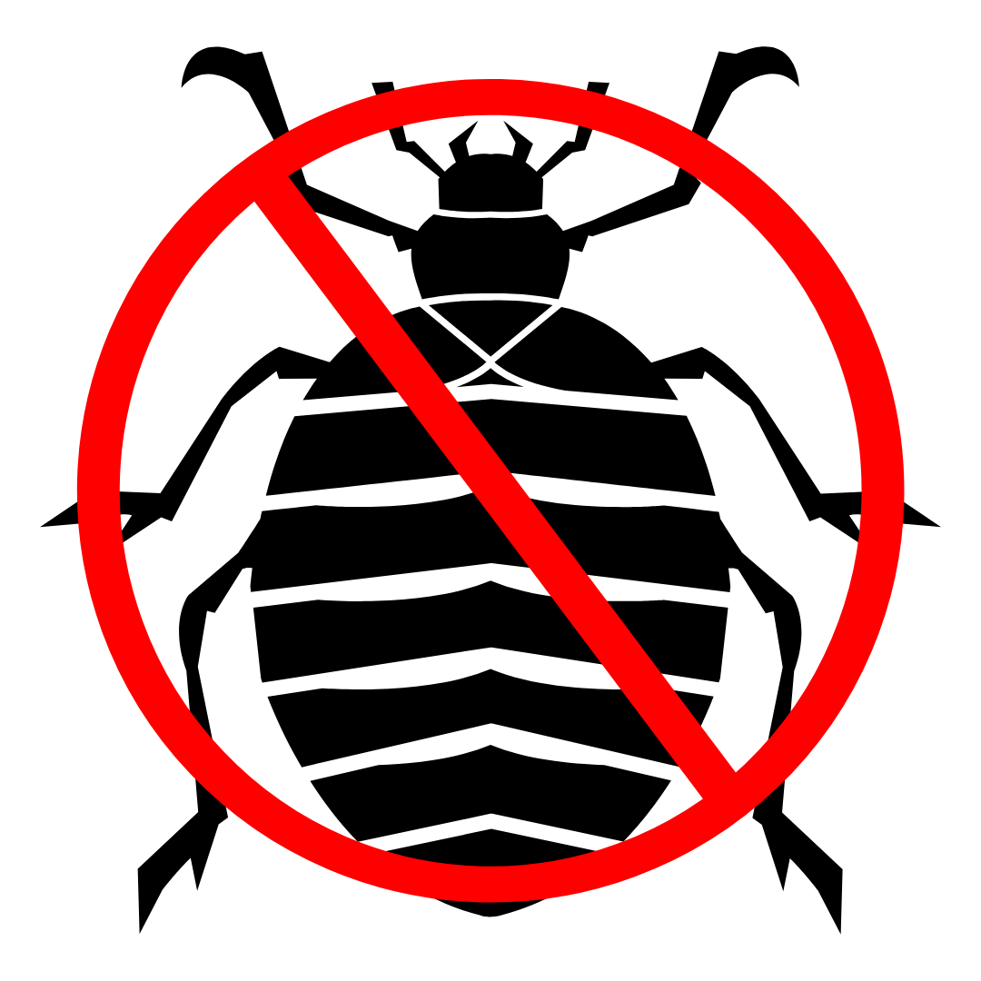 A black silhouette of a cockroach inside a red circle with a diagonal slash, symbolizing a no-cockroach sign.