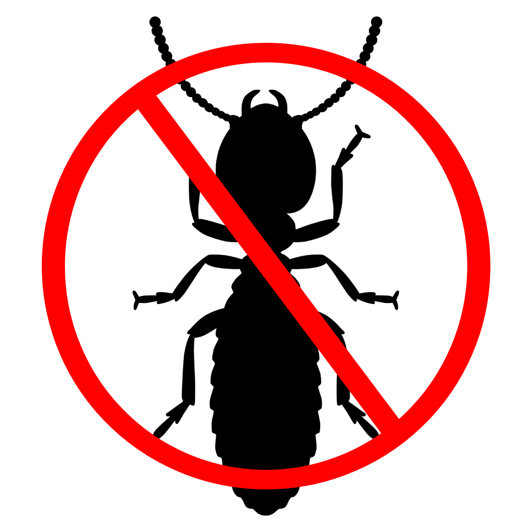 A black silhouette of a cockroach inside a red circle with a diagonal slash, symbolizing a no-cockroach sign.