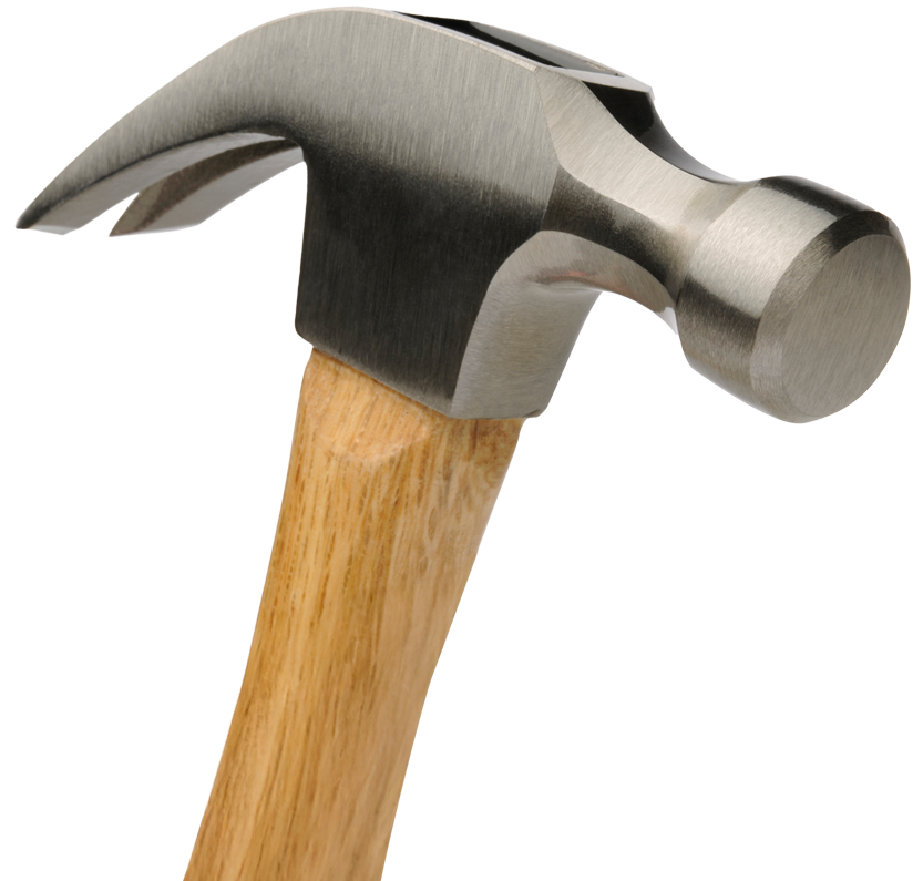A hammer with a wooden handle on a white background