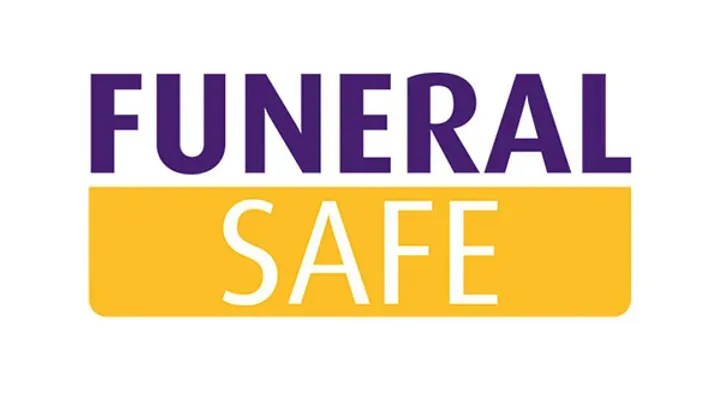 The logo for funeral safe is yellow and purple.