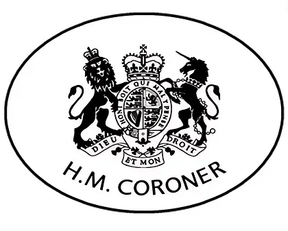A black and white logo for h.m. coroner