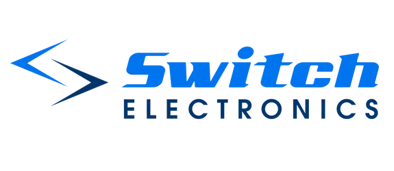 Logo for Switch Electronics featuring a stylized blue arrow icon next to the company name in blue and dark blue text.