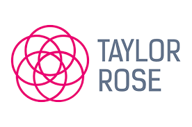 Logo for Taylor Rose featuring an abstract fuchsia geometric flower symbol next to the company name in dark gray text.