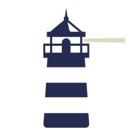 A dark blue, stylized lighthouse icon with a single horizontal beige beam of light.