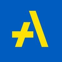 A bright yellow stylized letter A formed by a plus sign and a diagonal slash on a blue background.