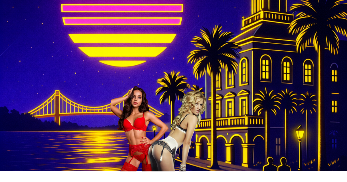 Two women in lingerie posing near waterfront, with synthwave style sunset and buildings.